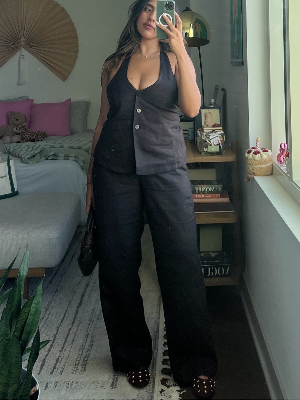 Torny Kobo Brown Halter Wide-Leg set with Button Vest Detail